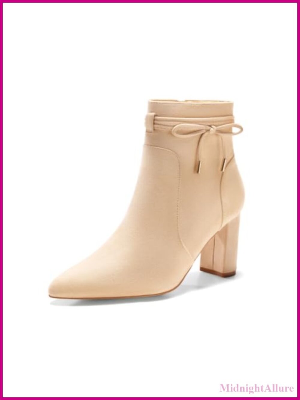 Pointed Toe Chunky Block Heel Ankle Boots Faux Suede Side Zip Bow Booties